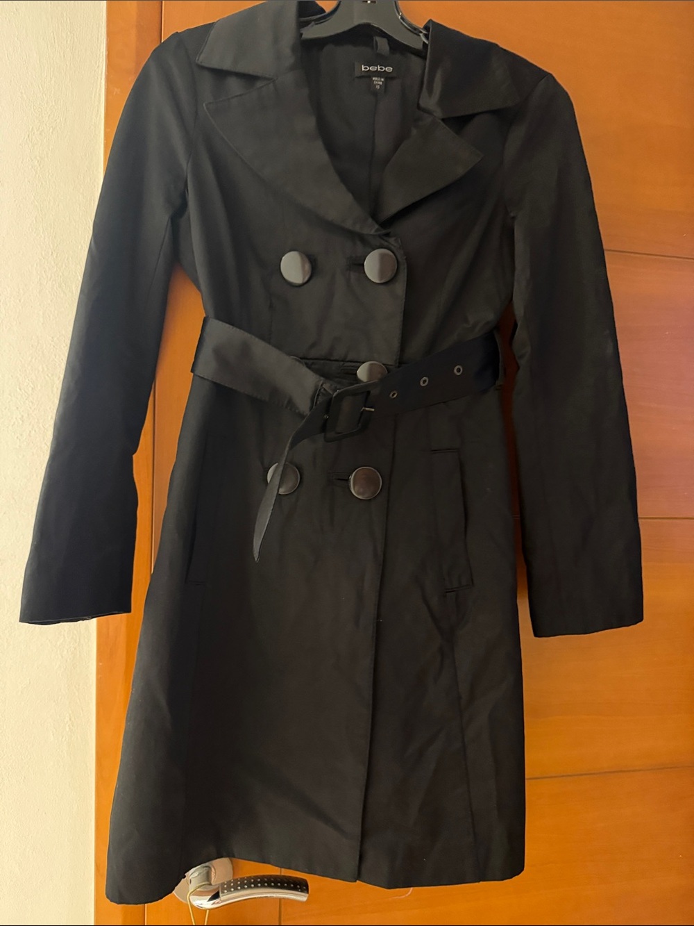 bebe Black Double-Breasted Belted Trench Coat